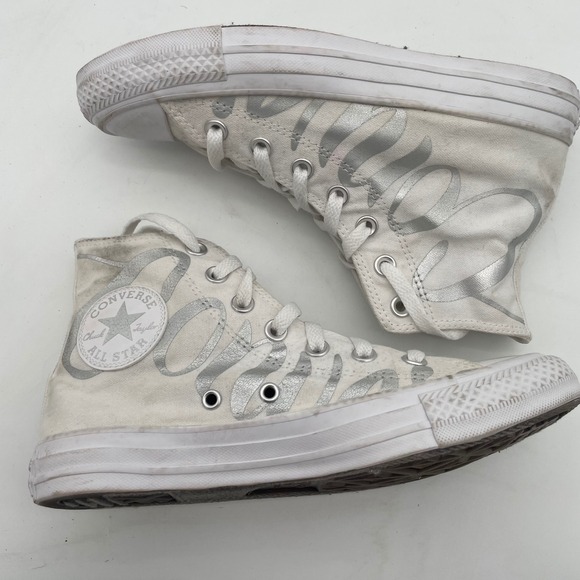 Converse All Star High Top‎ Sneakers White Silver Script Lettering Shoes Size 7 - Picture 4 of 14